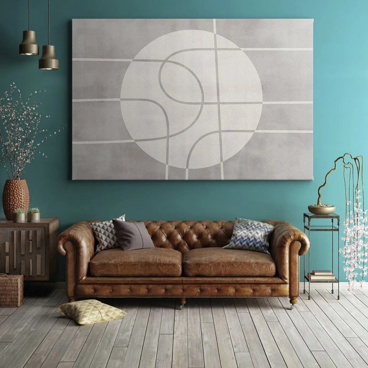 Obraz na plátne - Geometrický vzor v odtieňoch sivej a bielej - 70x50cm - Kruhovo a priamo - Moderná nástenná dekorácia do obývacej izby a spálne ARTTOR