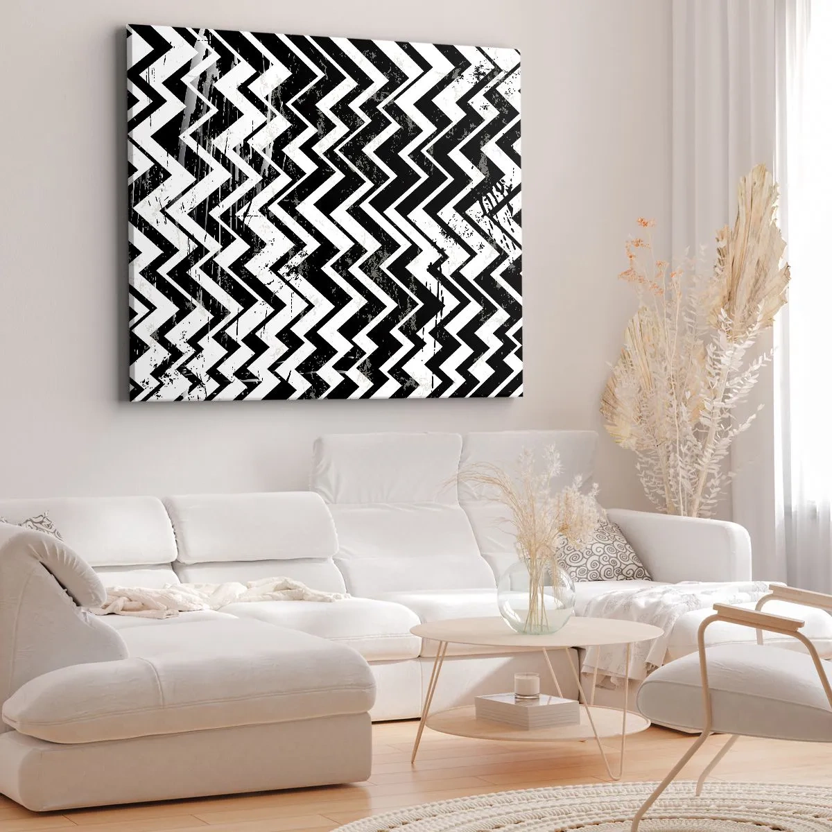 Obraz na plátne - Čiernobiely cikcakový vzor s umeleckými odreninami - 70x50cm - Cik-biele, cik-čierne - Moderná nástenná dekorácia do obývacej izby a spálne ARTTOR