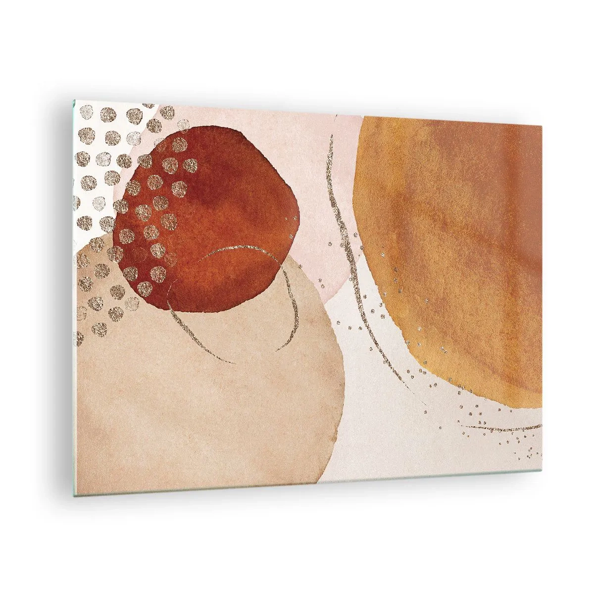 Obraz na skle - Abstraktné kruhy v odtieňoch béžovej, medenej a zlatej - 70x50cm - Zaoblenie a pohyb - Moderná nástenná dekorácia do obývacej izby a spálne ARTTOR