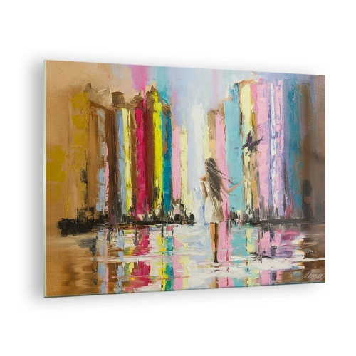 Obraz na skle - Žena s vtákom na pozadí farebných budov - 70x50cm - Poď so mnou - Moderná nástenná dekorácia do obývacej izby a spálne ARTTOR