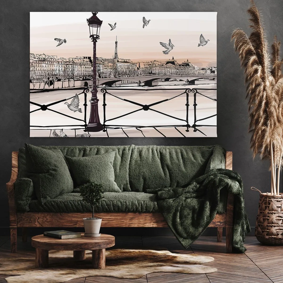 Obraz na plátne - Parížsky výhľad s lampášom a mostom - 70x50cm - Nad strechami Paríža - Moderná nástenná dekorácia do obývacej izby a spálne ARTTOR