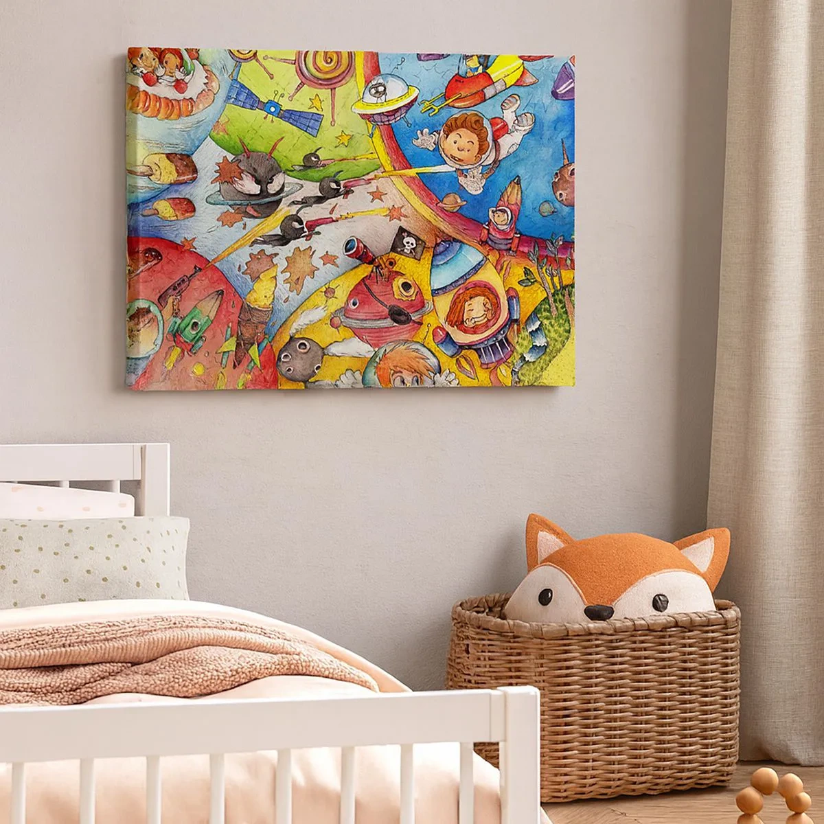 Obraz na plátne - Farebná vesmírna scéna plná detí a vesmírnych lodí - 70x50cm - Veľké vesmírne dobrodružstvo - Moderná nástenná dekorácia do obývacej izby a spálne ARTTOR