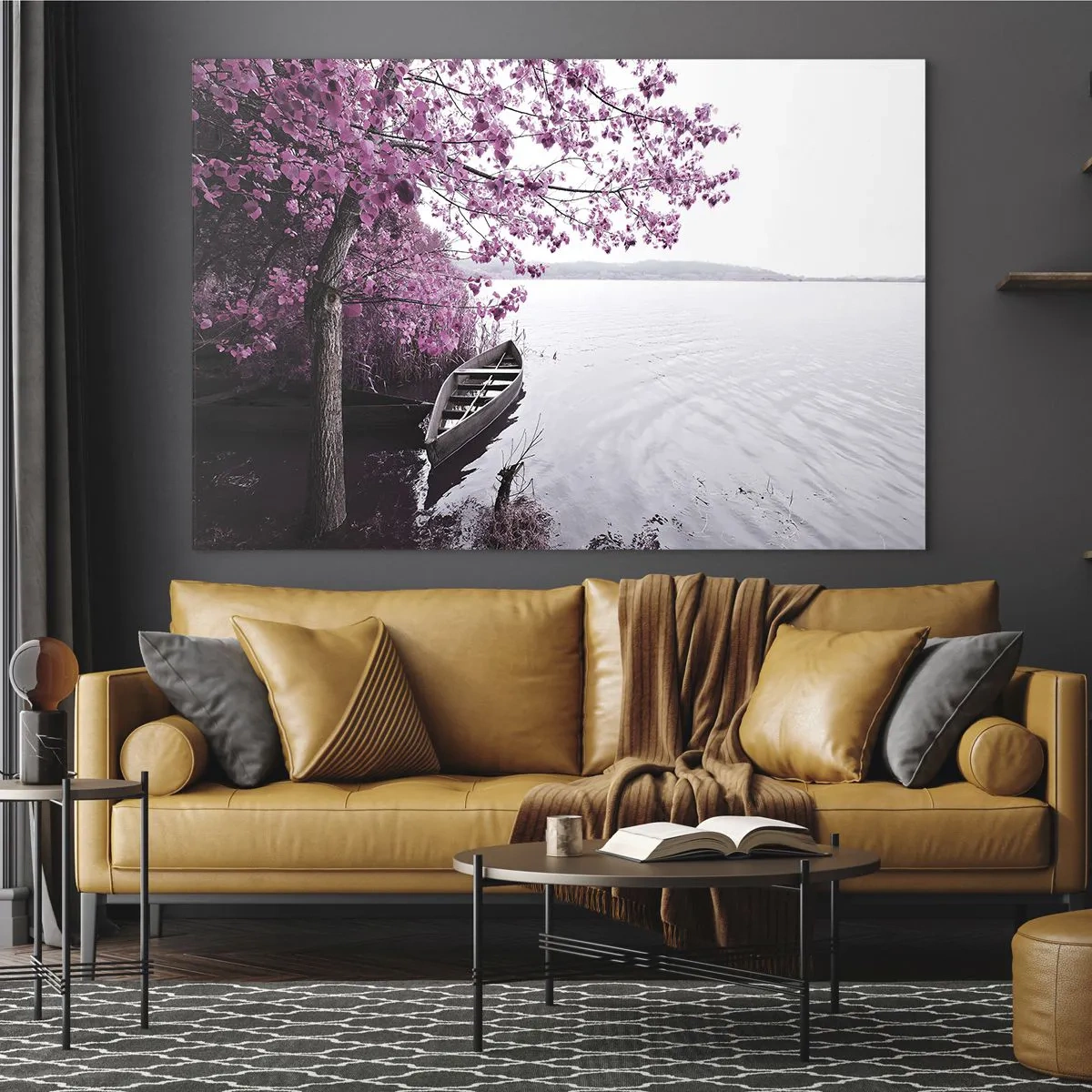 Obraz na skle - Loď pri brehu s ružovým stromom nad vodou - 70x50cm - V ružovom tichu - Moderná nástenná dekorácia do obývacej izby a spálne ARTTOR