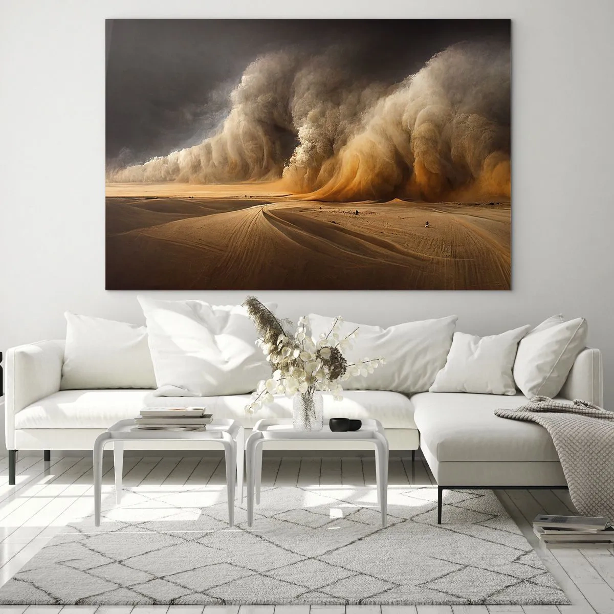 Obraz na skle - Piesočná búrka nad púšťou v dramatickom svetle - 70x50cm - Hnev púšte - Moderná nástenná dekorácia do obývacej izby a spálne ARTTOR