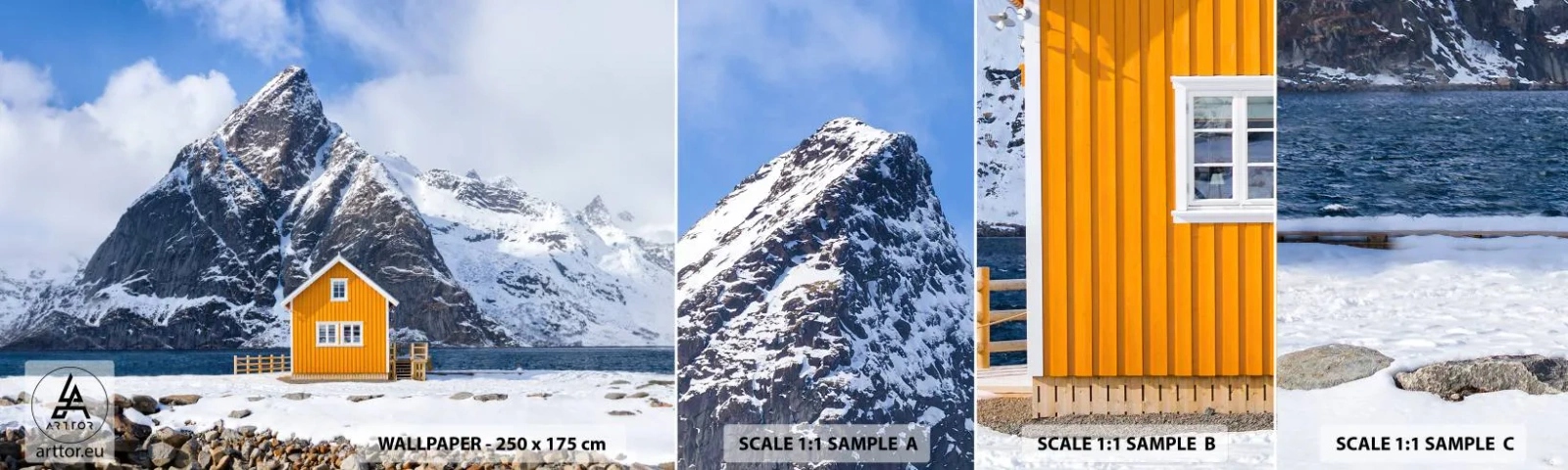 Vzorka samolepiacej fototapety Deluxe Sticker - Škandinávska dovolenka - Zima, Alpy, hory - 100x30 cm