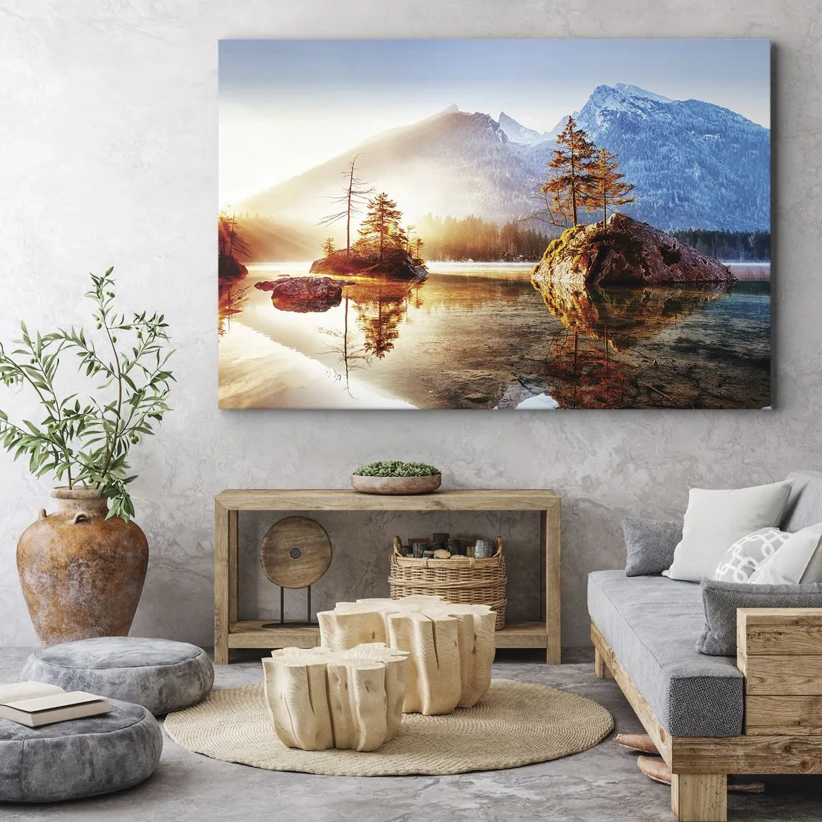 Obraz na plátne - Jazero s ostrovmi a horami v pozadí pri východe slnka - 70x50cm - Príroda v novom svetle - Moderná nástenná dekorácia do obývacej izby a spálne ARTTOR