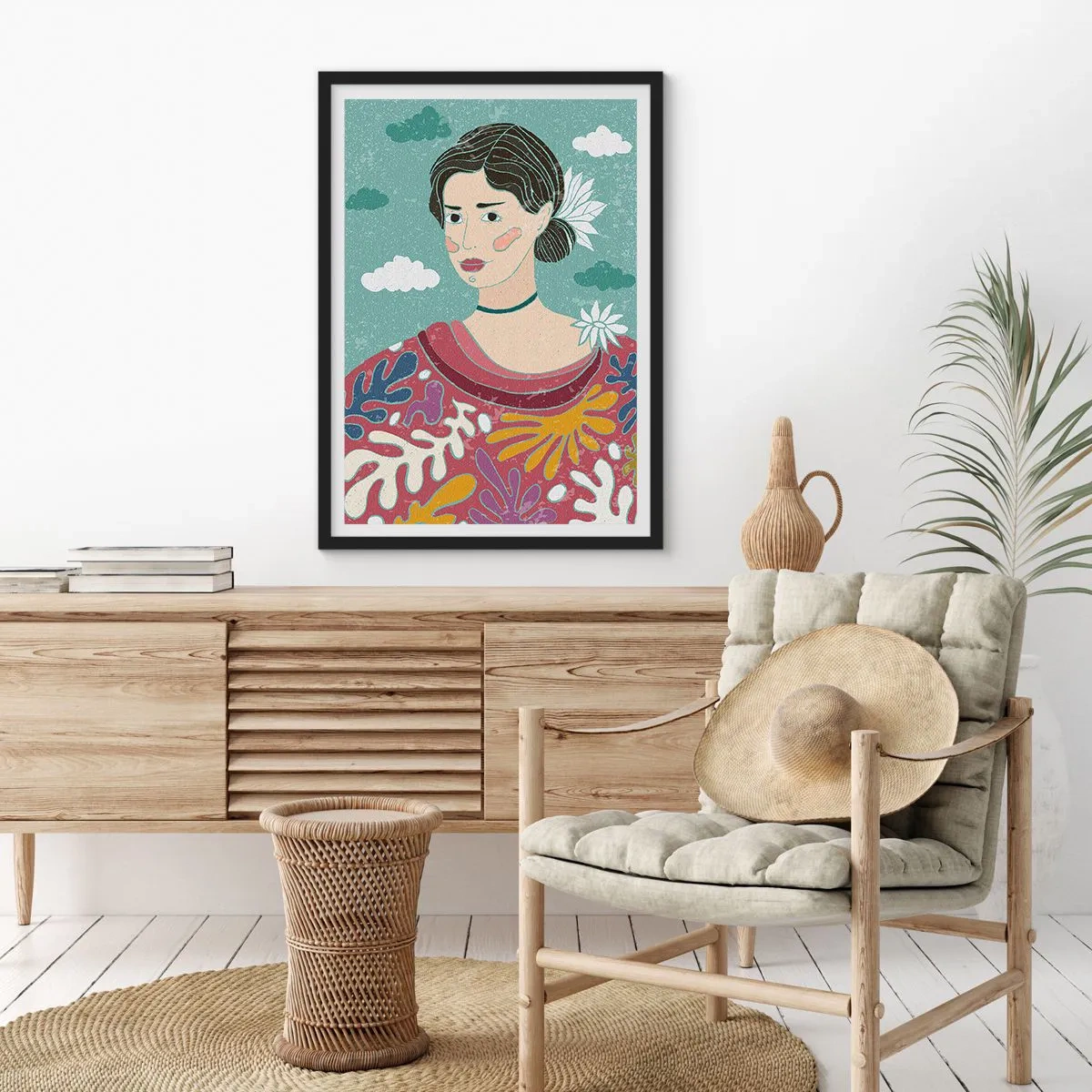 Plagát v čiernom ráme - Portrét ženy vo farebných, štylizovaných šatách na pozadí oblakov. - 50x70cm - S melanchóliou v pohľade - Moderná nástenná dekorácia do obývacej izby a spálne ARTTOR