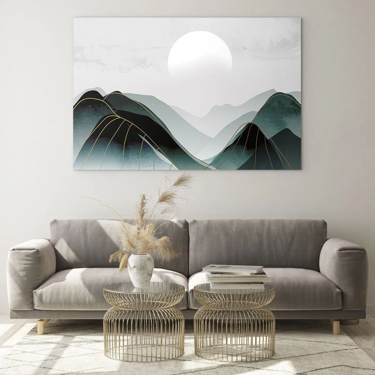 Obraz na skle - Horská krajina s bielym slnkom a zlatými čiarami - 70x50cm - V plnom majestáte - Moderná nástenná dekorácia do obývacej izby a spálne ARTTOR