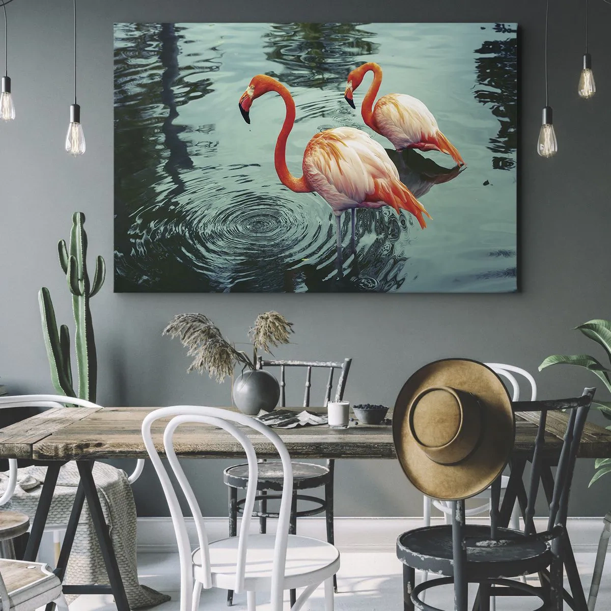 Obraz na plátne - Dva plameniaky v pokojnej vode odrážajú svoje okolie - 70x50cm - Teraz sme v móde - Moderná nástenná dekorácia do obývacej izby a spálne ARTTOR