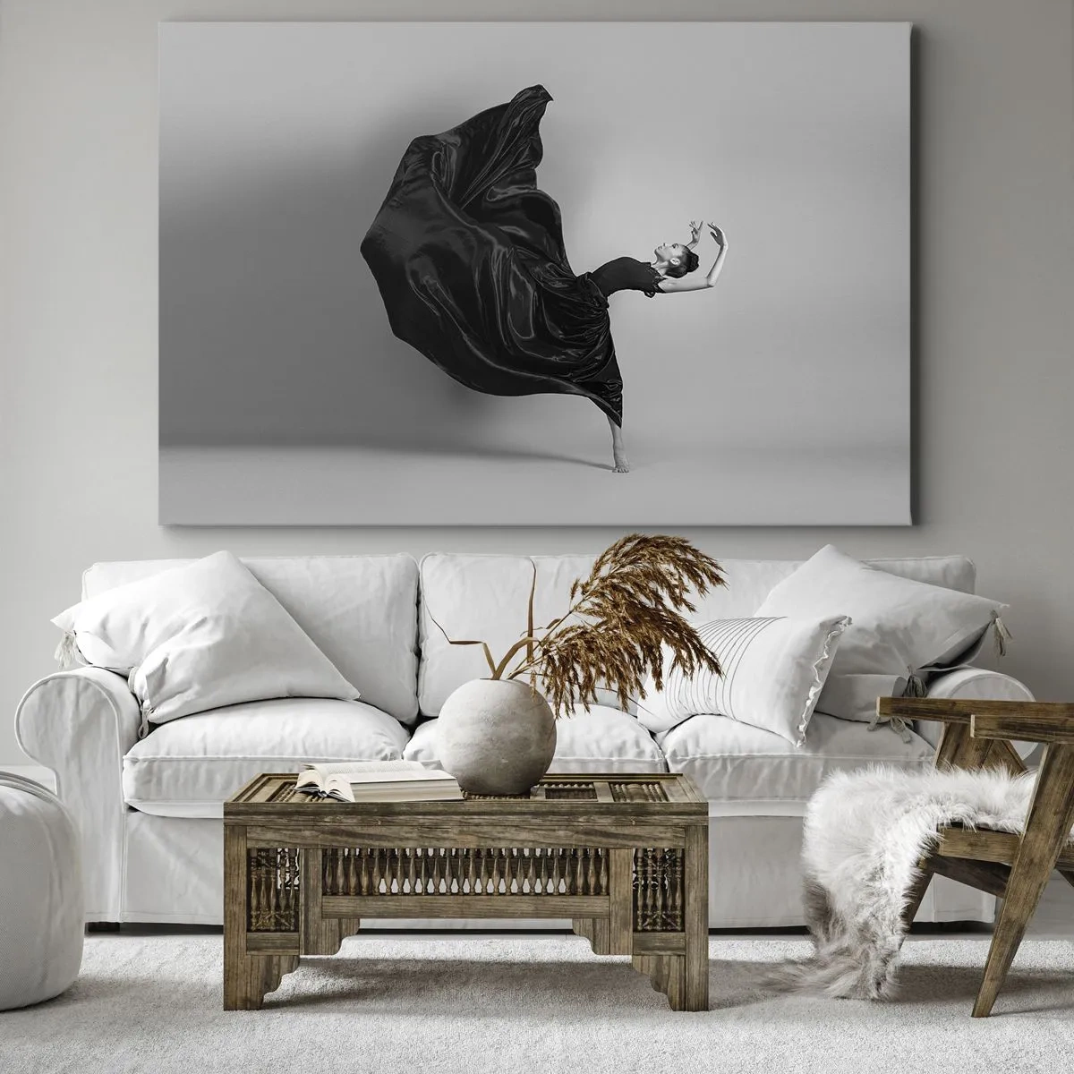Obraz na plátne - Elegantná tanečnica v čiernych šatách v pohybe - 70x50cm - Okrídlený hudbou - Moderná nástenná dekorácia do obývacej izby a spálne ARTTOR