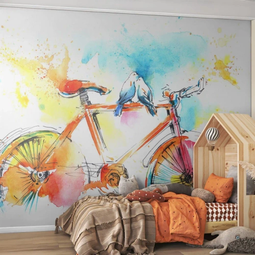 Samolepiaca Fototapeta Deluxe Sticker - Spolu na bicykli - Abstrakcia, Bicykel, Vtáky - 300x210 cm
