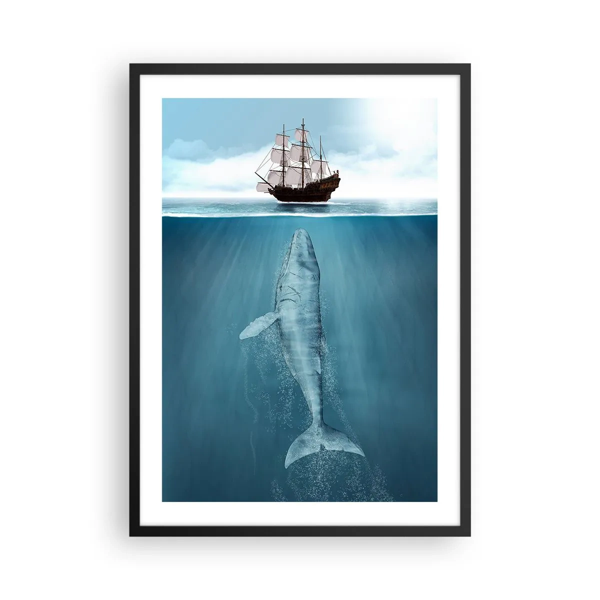 Plagát v čiernom ráme - Loď na hladine vody s veľrybou pod ňou, v surrealistickom zábere - 50x70cm - Lepšie nevedieť - Moderná nástenná dekorácia do obývacej izby a spálne ARTTOR