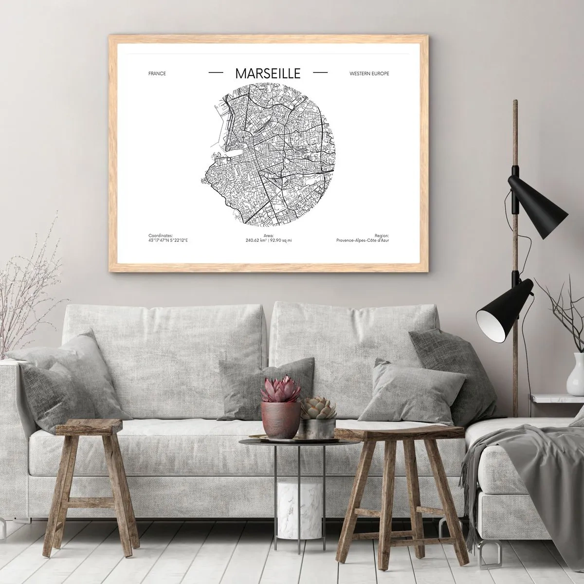 Plagát v ráme zo svetlého duba - Anatómia Marseille - 100x70 cm