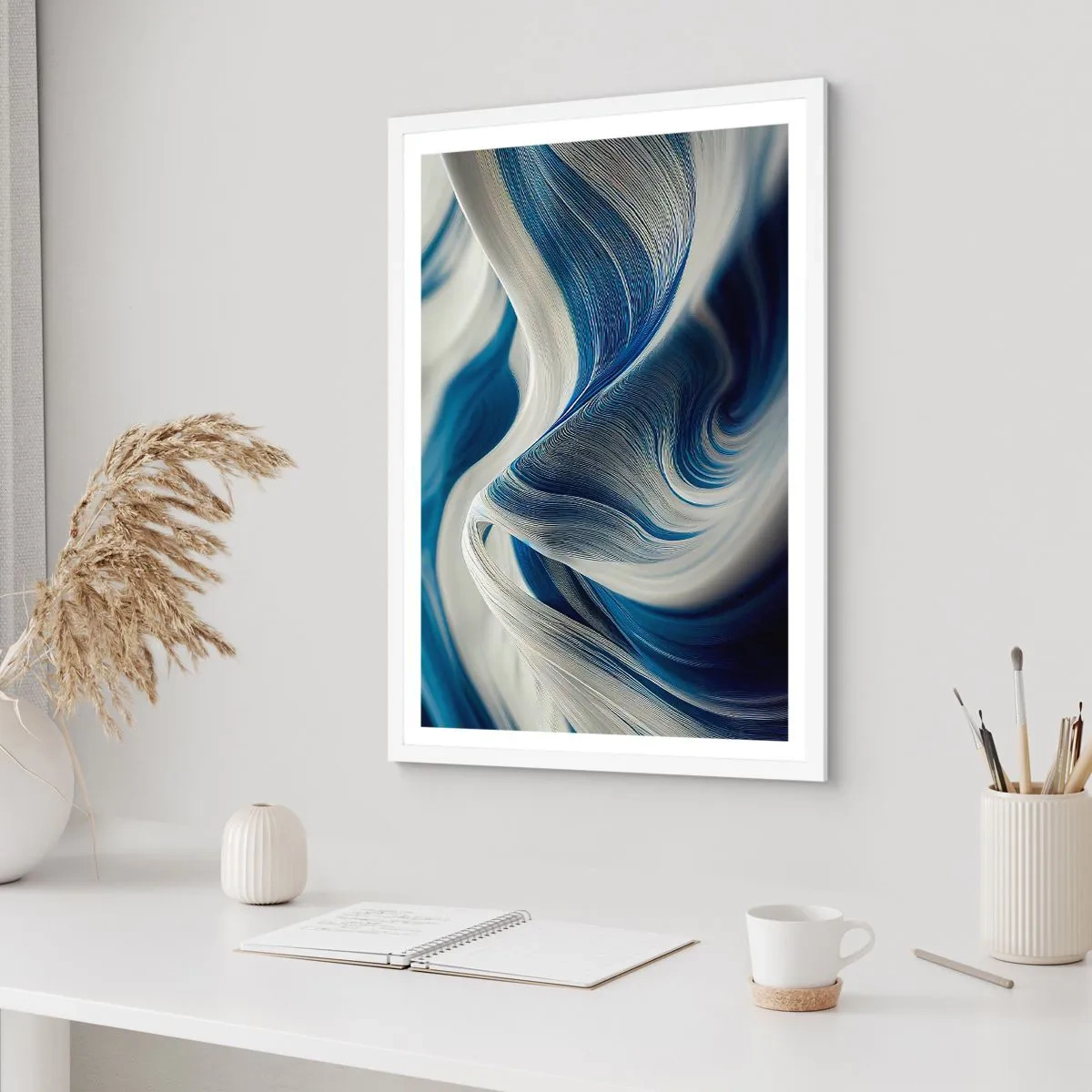 Plagát v bielom ráme - Plynulosť modrej a bielej - 70x100 cm