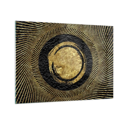 Obraz na skle - Zlatý kruh s lúčmi na čiernom pozadí v očarujúcom štýle - 70x50cm - Glamour - Moderná nástenná dekorácia do obývacej izby a spálne ARTTOR