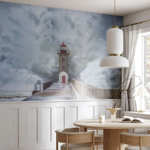 Fototapeta Standard Eco - Maják uprostred obrovskej vlny narážajúcej na breh - 100x70cm - Hukot vody, šum vetra - Moderná nástenná dekorácia do obývacej izby a spálne ARTTOR