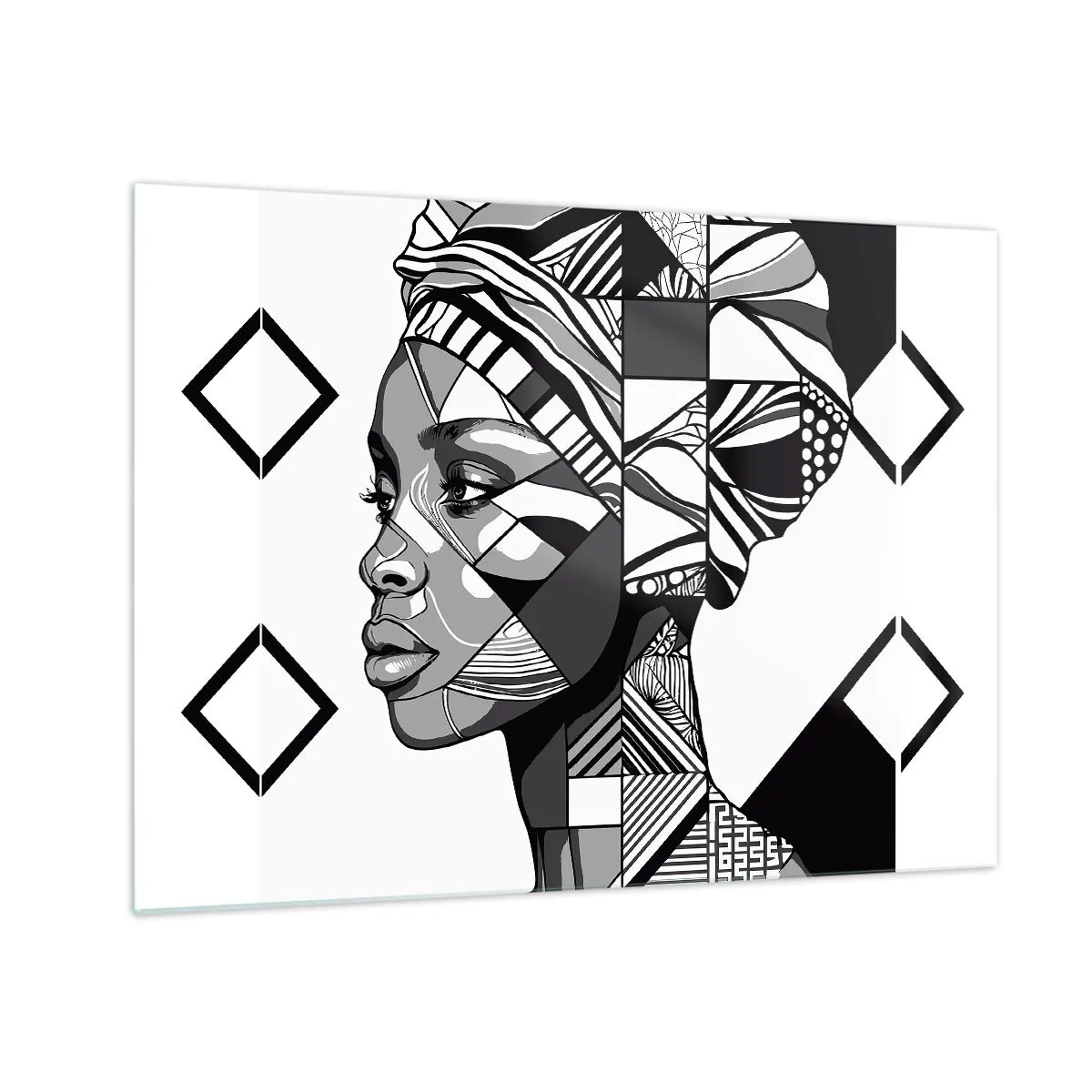 Obraz na skle - Čiernobiely etnický portrét ženy s geometrickými vzormi - 70x50cm - Etnický portrét - Moderná nástenná dekorácia do obývacej izby a spálne ARTTOR