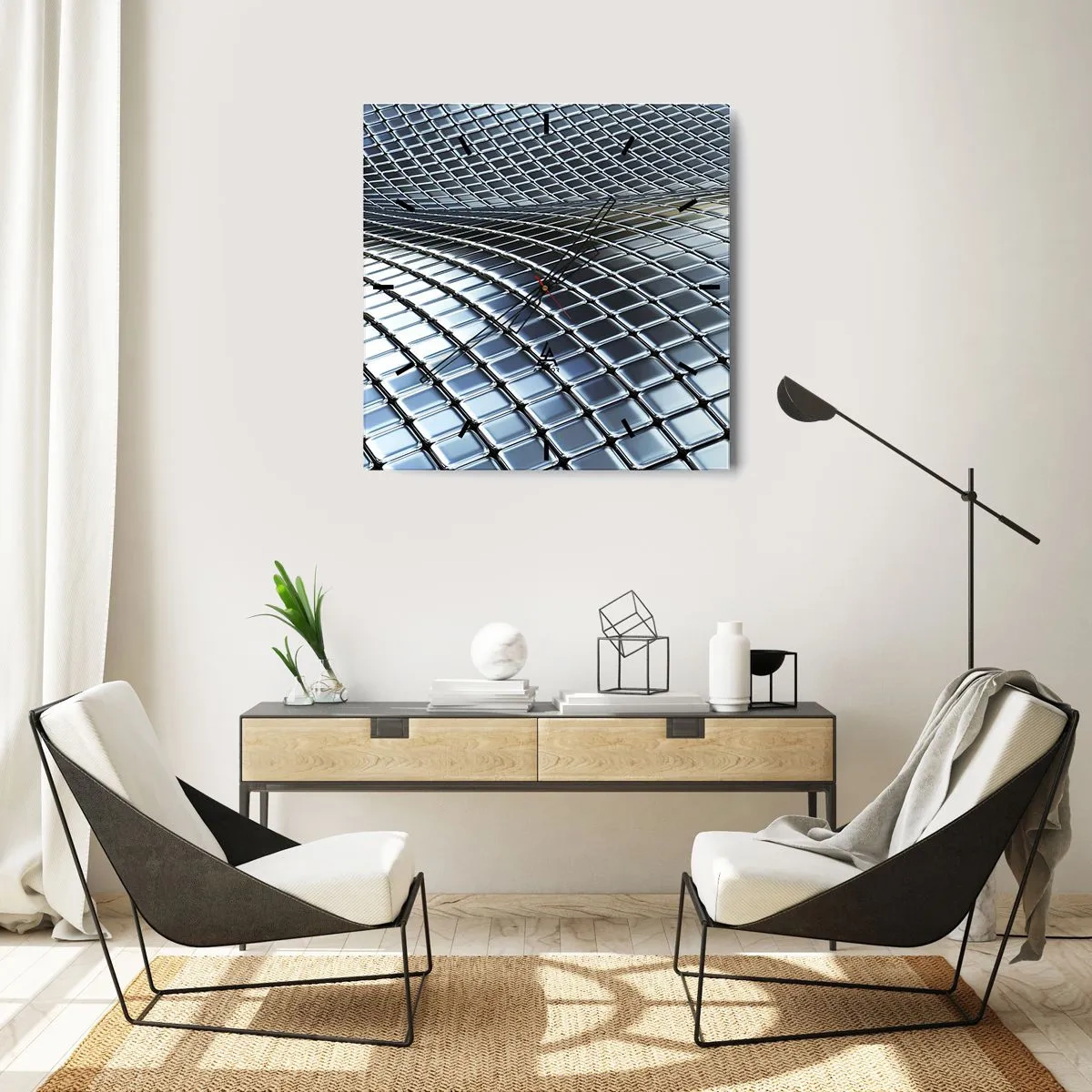 Nástenné hodiny - Kovová strieborná vlna - 40x40 cm