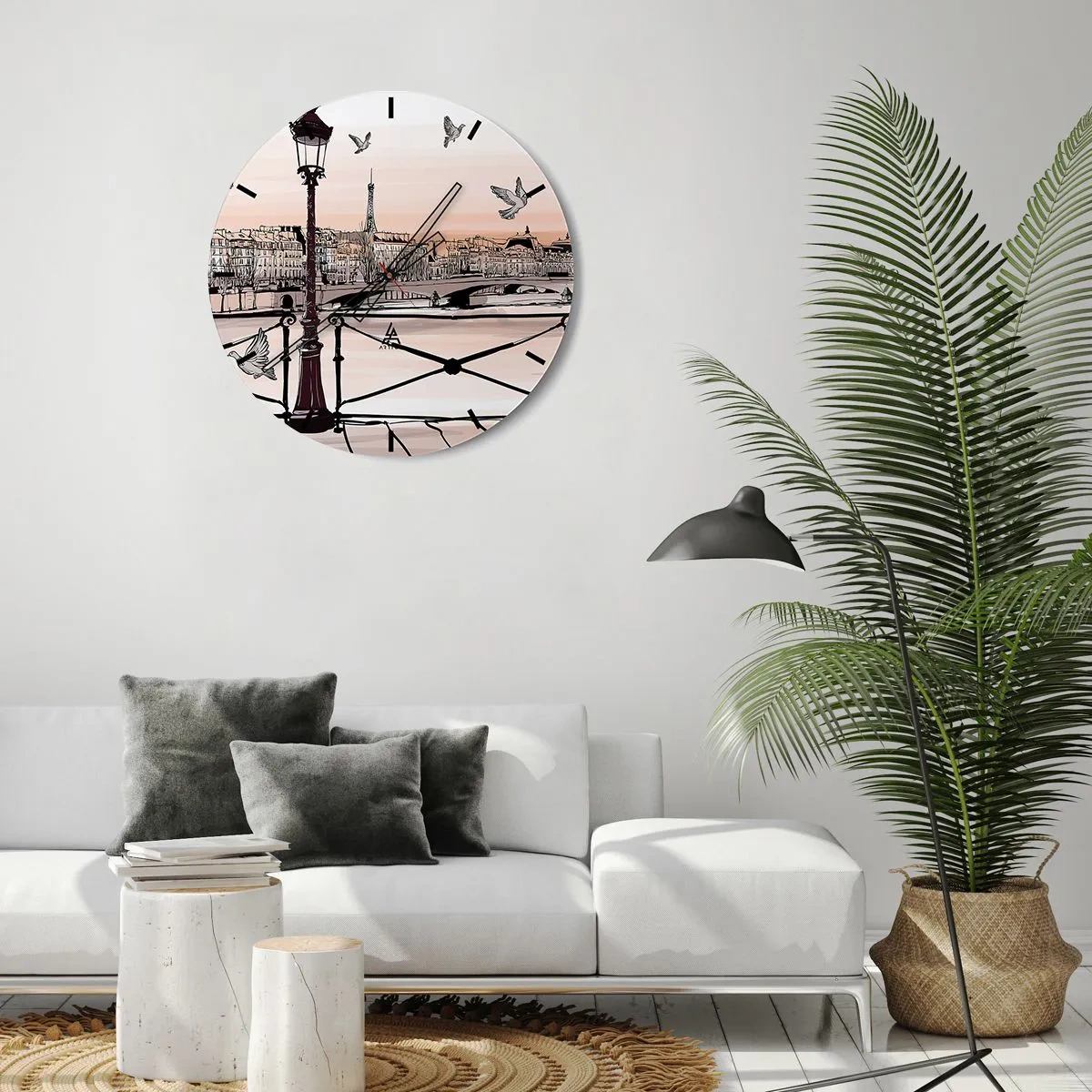 Nástenné hodiny - Lampáš, holuby a panoráma Paríža pri západe slnka - 30x30cm - Nad strechami Paríža - Moderná nástenná dekorácia do obývacej izby, kuchyne a spálne ARTTOR