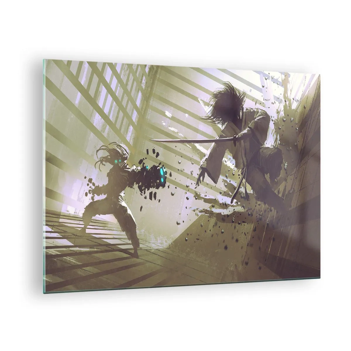 Obraz na skle - Samurajský súboj v dynamickej scéne - 70x50cm - Aj ty môžeš byť samurajom - Moderná nástenná dekorácia do obývacej izby a spálne ARTTOR