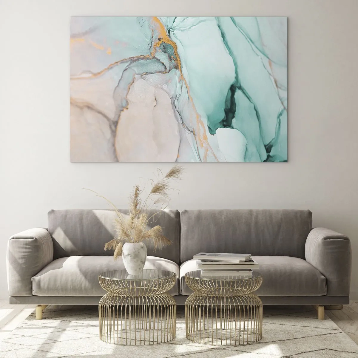 Obraz na skle - Abstraktná kompozícia v odtieňoch tyrkysovej a zlatej. - 70x50cm - Tanec tvarov a farieb - Moderná nástenná dekorácia do obývacej izby a spálne ARTTOR