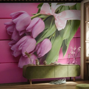 Fototapeta Standard Eco - Kytica fialových tulipánov s ružovou stuhou na dreve - 100x70cm - Práve pre teba - Moderná nástenná dekorácia do obývacej izby a spálne ARTTOR