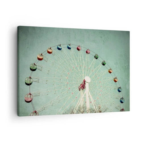 Obraz na plátne - Farebné ruské koleso proti modrej oblohe v retro štýle - 70x50cm - Pozývame vás na zábavu - Moderná nástenná dekorácia do obývacej izby a spálne ARTTOR