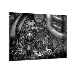 Obraz na skle - Detail čiernobieleho motora s viditeľnými mechanizmami - 70x50cm - Poézia mechaniky - Moderná nástenná dekorácia do obývacej izby a spálne ARTTOR