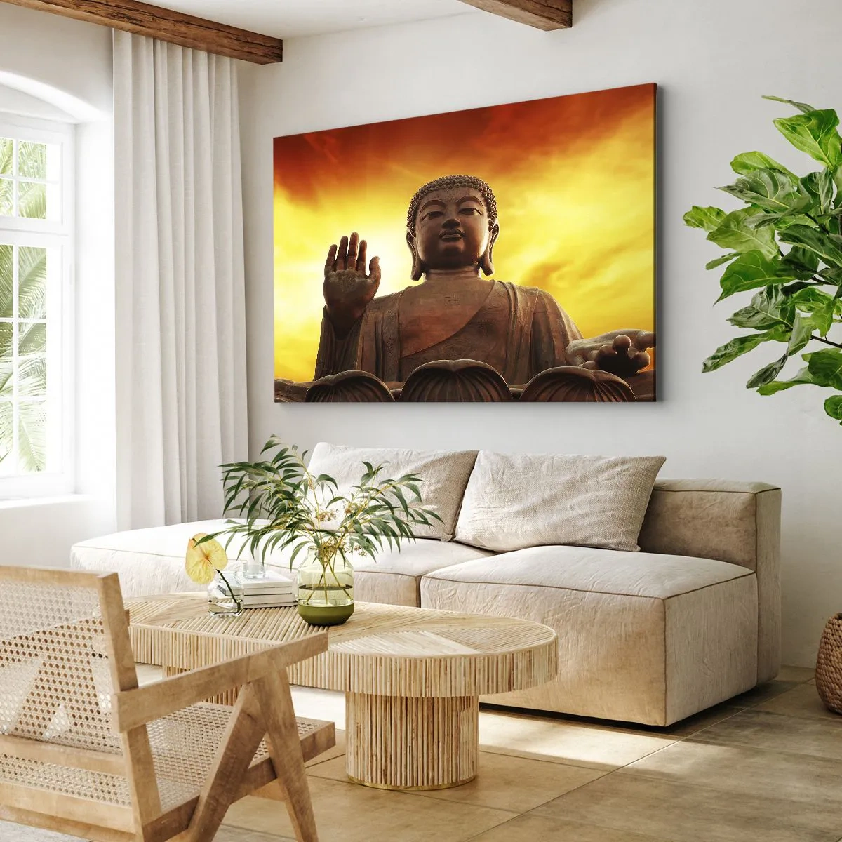 Obraz na plátne - Socha Budhu na pozadí zlatej oblohy pri západe slnka - 70x50cm - Svetový kľud - Moderná nástenná dekorácia do obývacej izby a spálne ARTTOR