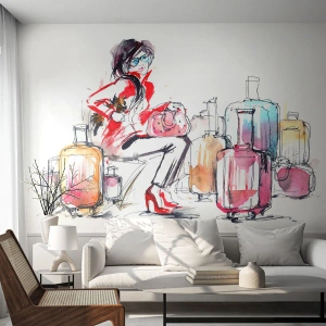 Fototapeta Premium Sand - Posaďme sa pred cestou - Žena, Výlet, Kufor - 200x140 cm