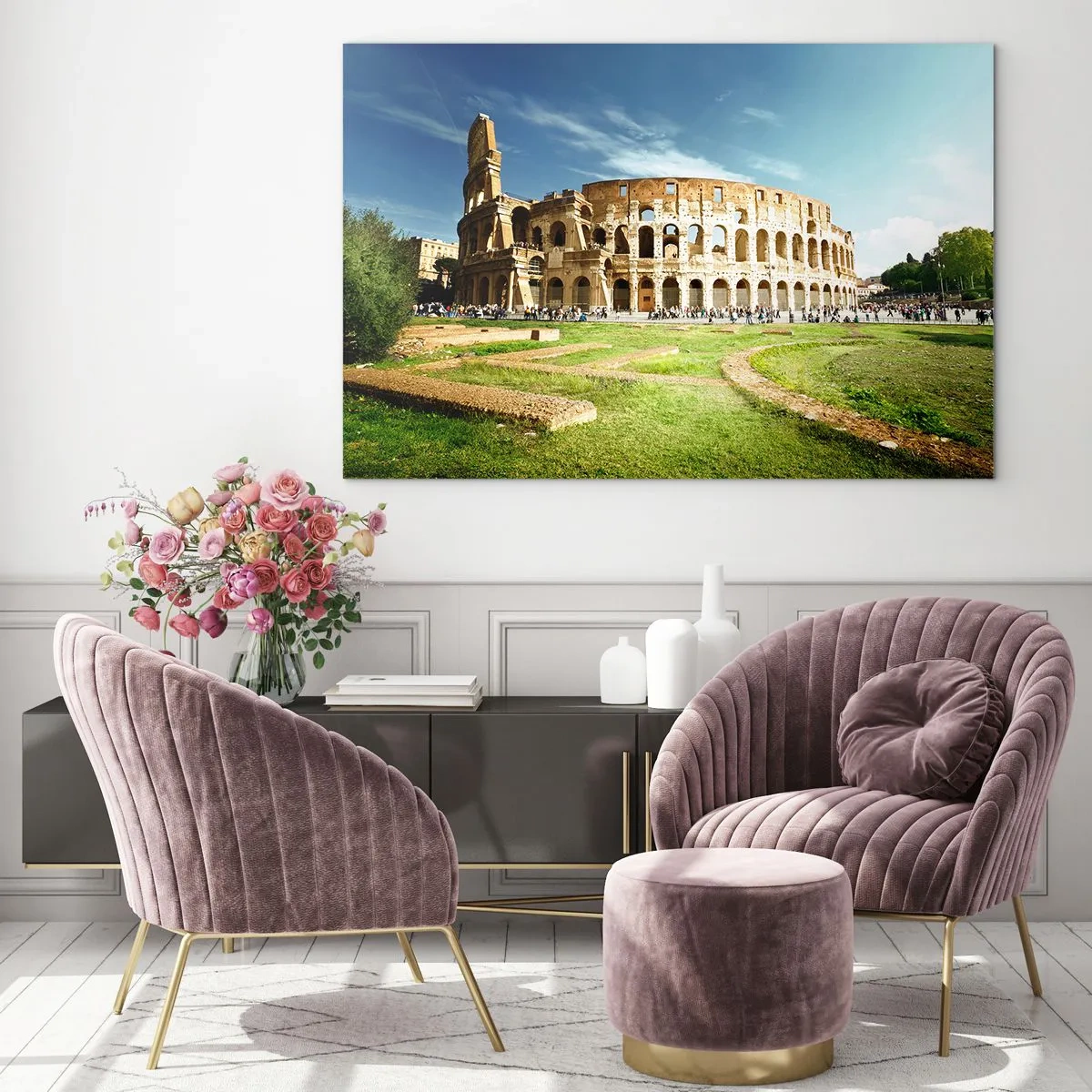 Obraz na skle - Koloseum v Ríme osvetlené slnkom - 70x50cm - Ešte je počuť hrkanie zbraní - Moderná nástenná dekorácia do obývacej izby a spálne ARTTOR