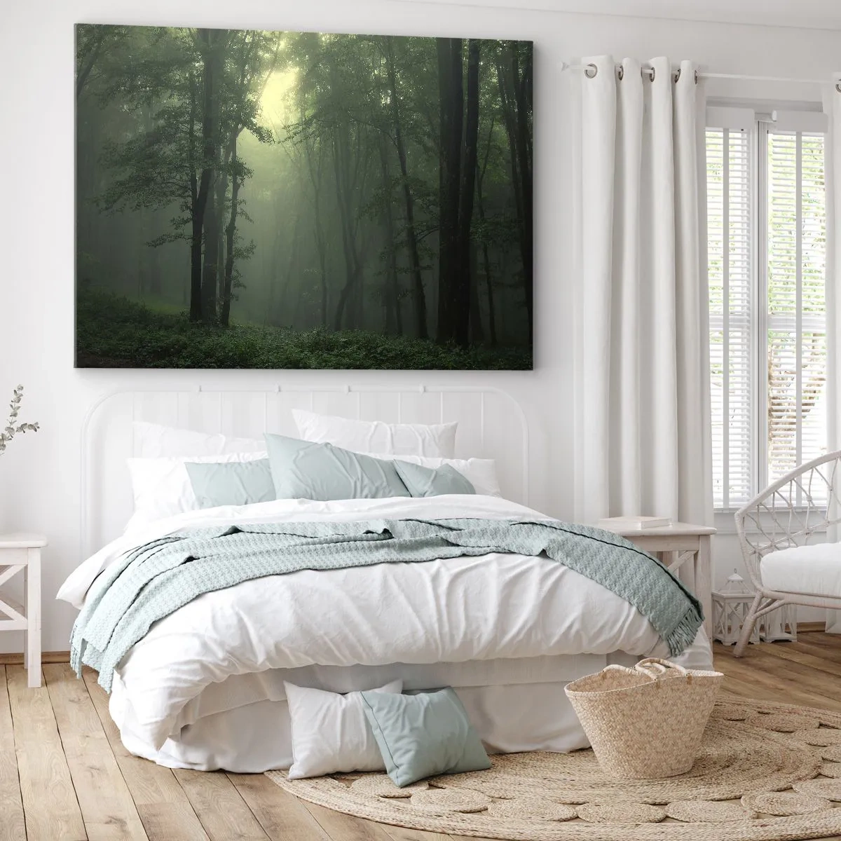 Obraz na plátne - Zelený les ráno zahalený v jemnej hmle - 70x50cm - Než sa prebudí - Moderná nástenná dekorácia do obývacej izby a spálne ARTTOR
