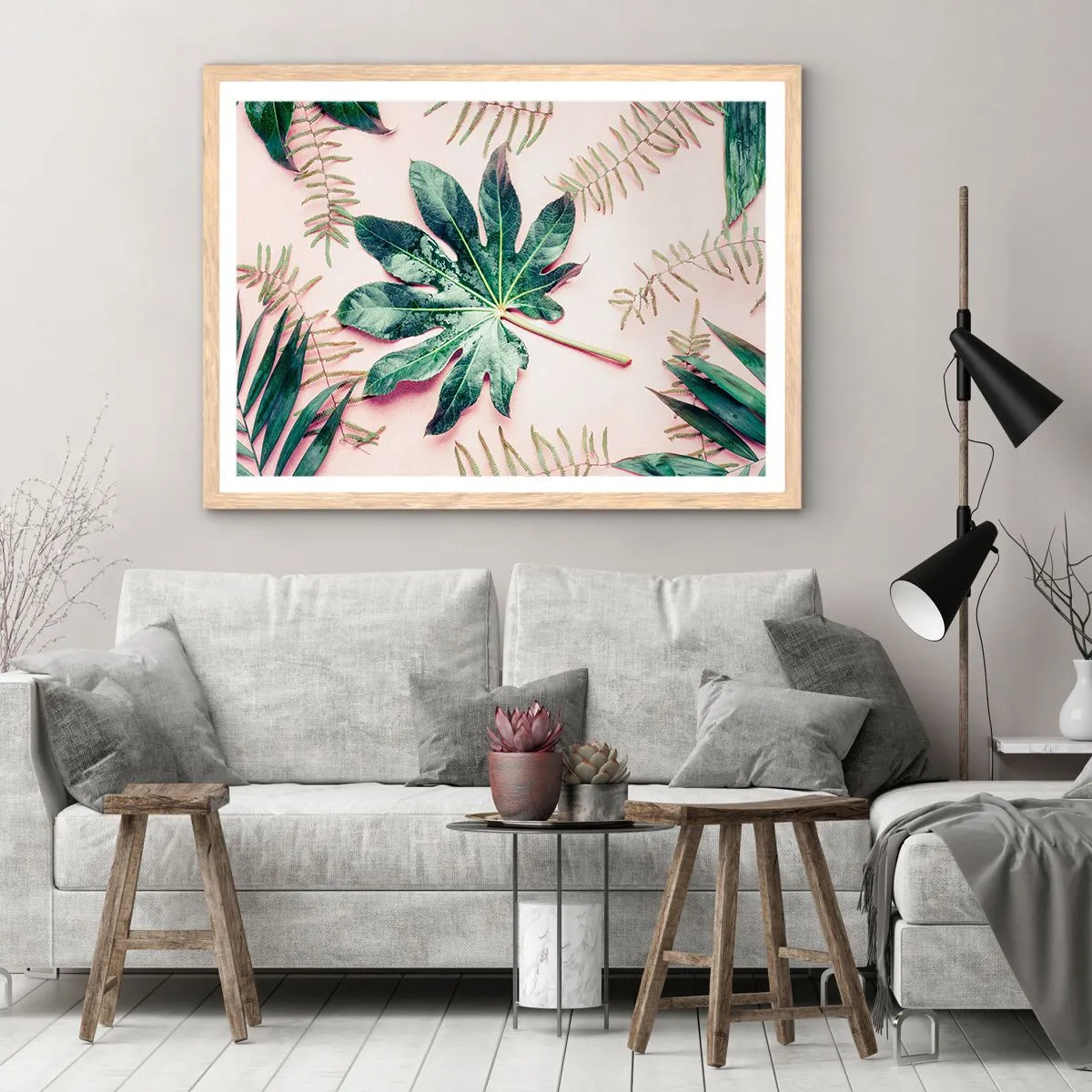 Plagát v ráme zo svetlého duba - Štúdia zelenej na ružovom pozadí - 100x70 cm
