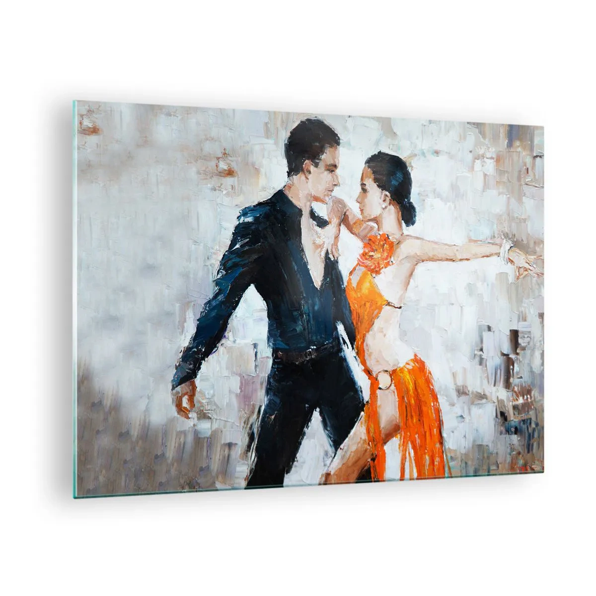 Obraz na skle - Pár tancujúci v dynamickej póze na pozadí v impresionistickom štýle - 70x50cm - Dirty dancing - Moderná nástenná dekorácia do obývacej izby a spálne ARTTOR