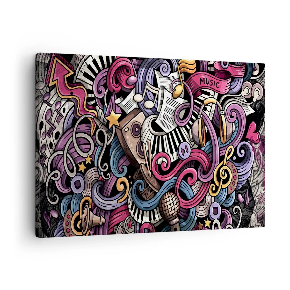 Obraz na plátne - Hudobná abstrakcia plná farebných nástrojov a nôt. - 70x50cm - Komplikovaná melódia - Moderná nástenná dekorácia do obývacej izby a spálne ARTTOR