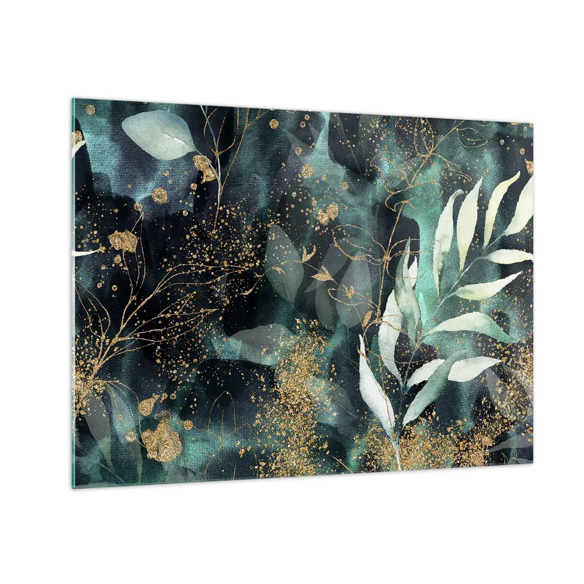 Obraz na skle - Zlaté a zelené listy na tmavom pozadí - 70x50cm - Kúzelná záhrada - Moderná nástenná dekorácia do obývacej izby a spálne ARTTOR