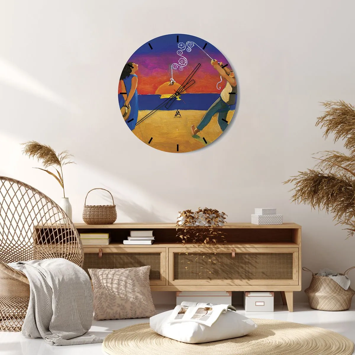 Nástenné hodiny - Farebná ilustrácia páru na pláži pri západe slnka - 30x30cm - Viac ako hviezda z neba - Moderná nástenná dekorácia do obývacej izby, kuchyne a spálne ARTTOR