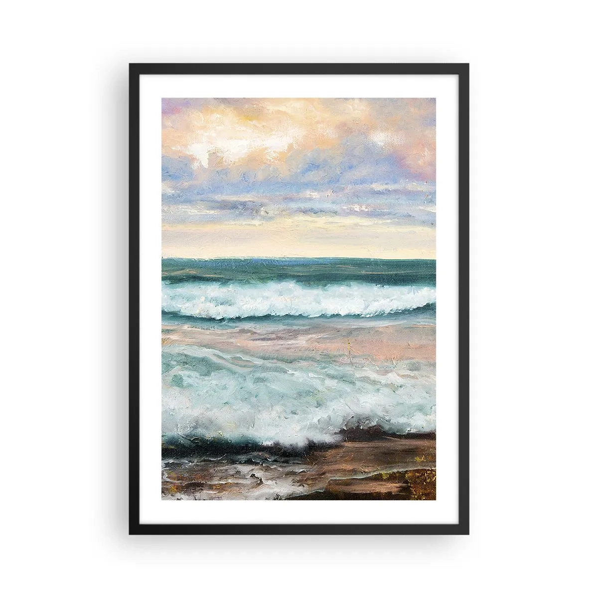 Plagát v čiernom ráme - Morské vlny pri západe slnka - 50x70cm - Tu uhladíš dušu - Moderná nástenná dekorácia do obývacej izby a spálne ARTTOR