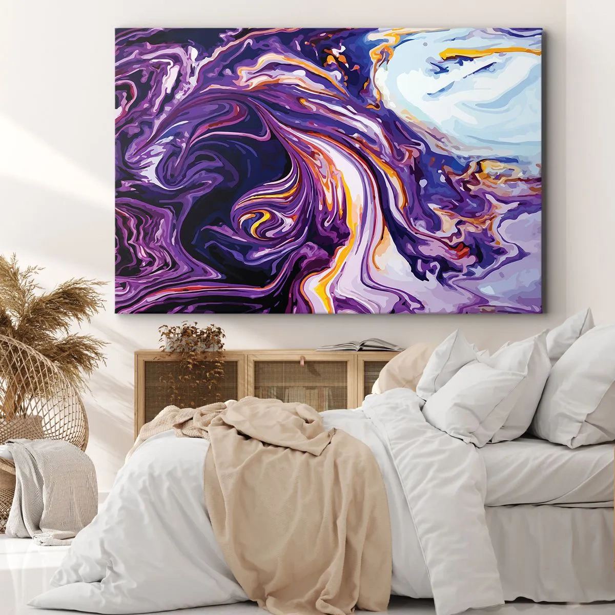 Obraz na plátne - Dynamický abstraktný vzor v odtieňoch fialovej a žltej. - 70x50cm - Záhyb priestoru vo fialovej - Moderná nástenná dekorácia do obývacej izby a spálne ARTTOR