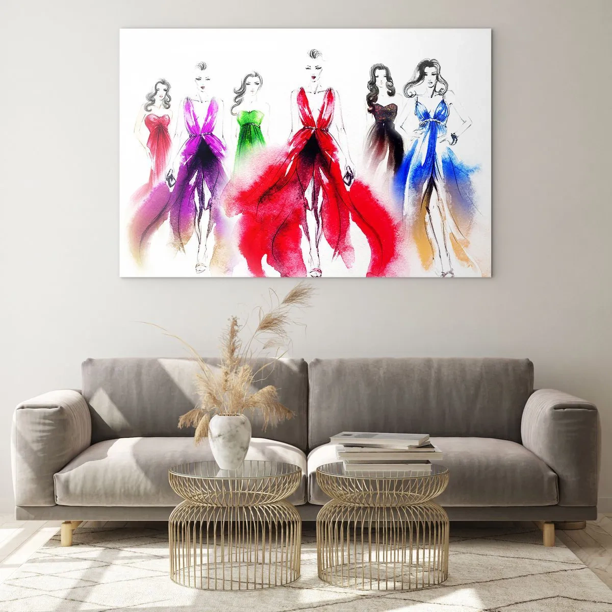 Obraz na skle - Náčrt žien vo farebných večerných šatách - 70x50cm - Nálada na kostýmy - Moderná nástenná dekorácia do obývacej izby a spálne ARTTOR