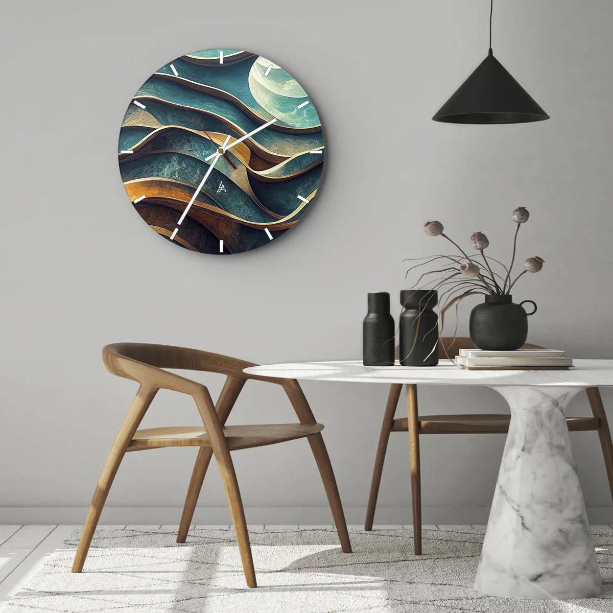 Nástenné hodiny - Abstraktné vlny modrej a hnedej farby s 3D efektom - 30x30cm - Meandre modrej - Moderná nástenná dekorácia do obývacej izby, kuchyne a spálne ARTTOR