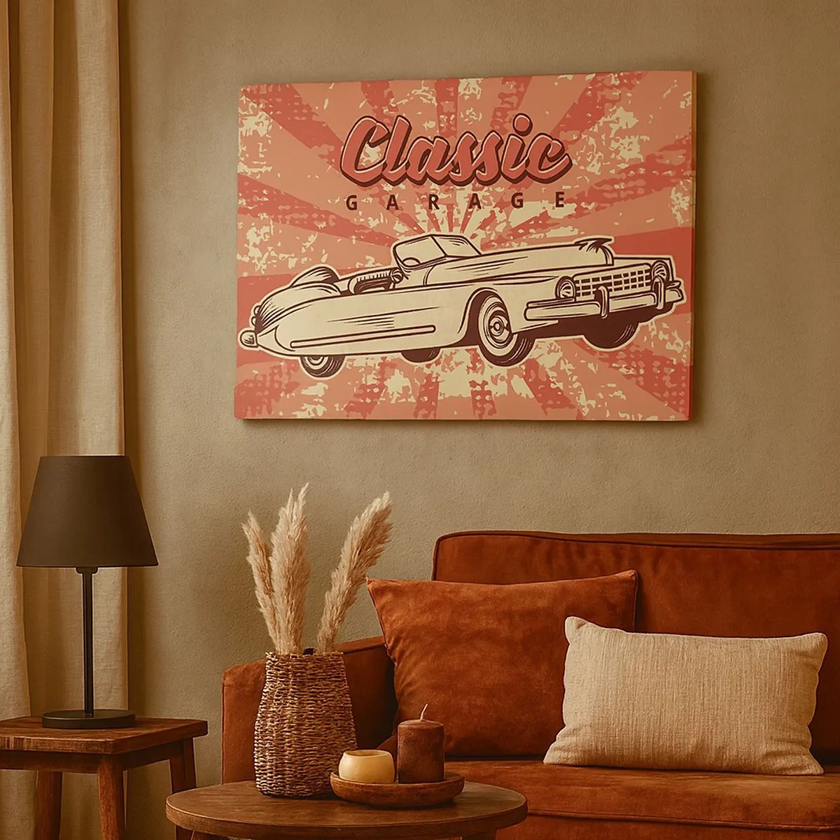 Obraz na plátne - Retro plagát s klasickým autom a slovami Classic Garage - 70x50cm - V rádiu je Elvis - Moderná nástenná dekorácia do obývacej izby a spálne ARTTOR