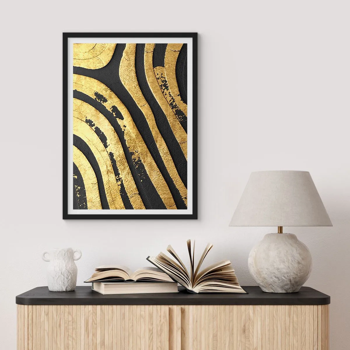 Plagát v čiernom ráme - Zlaté čiary na tmavom pozadí - 50x70cm - Všetko plynie - Moderná nástenná dekorácia do obývacej izby a spálne ARTTOR