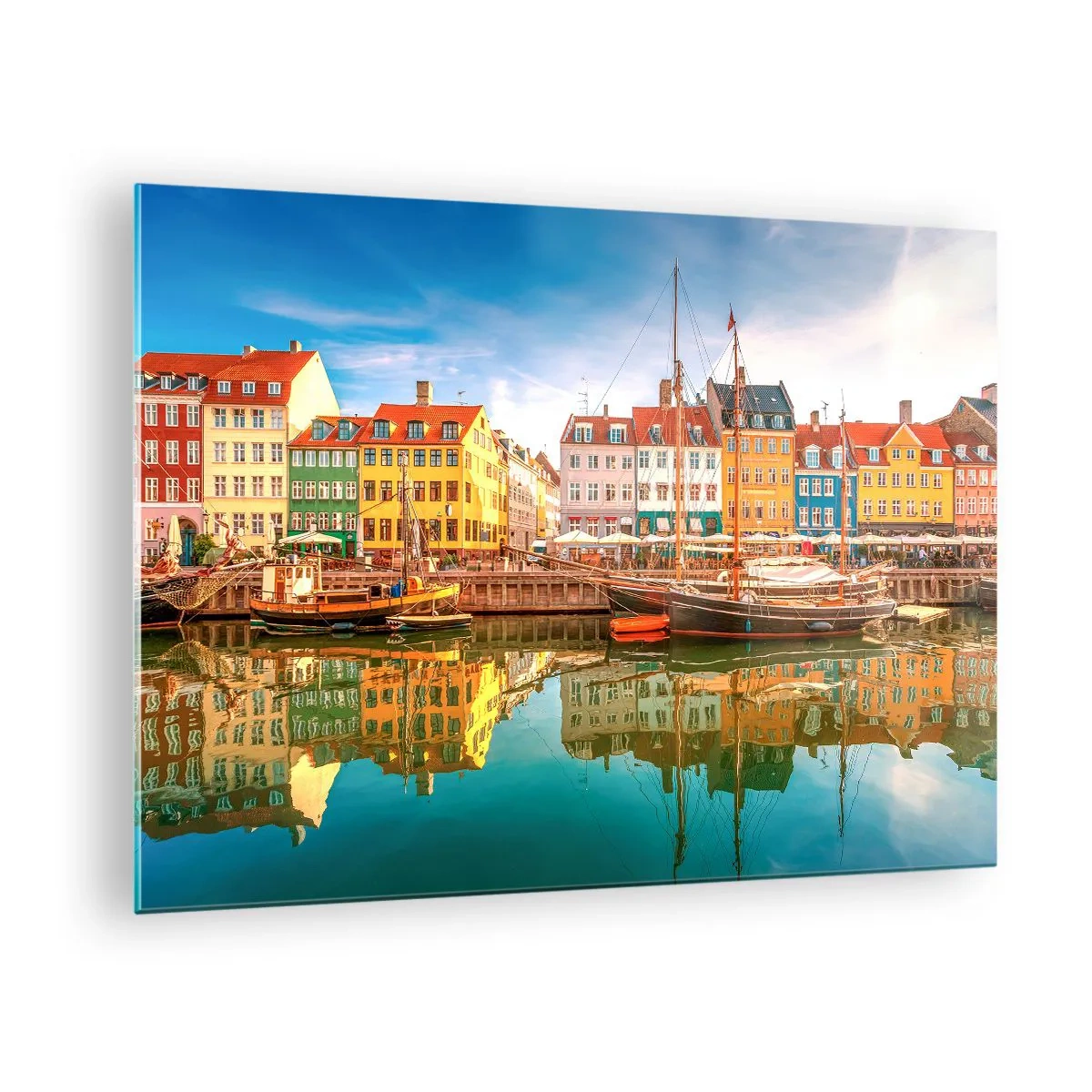Obraz na skle - Farebné domy na kanáli s odrazmi vo vode - 70x50cm - Pri vode hladkej ako zrkadlo - Moderná nástenná dekorácia do obývacej izby a spálne ARTTOR