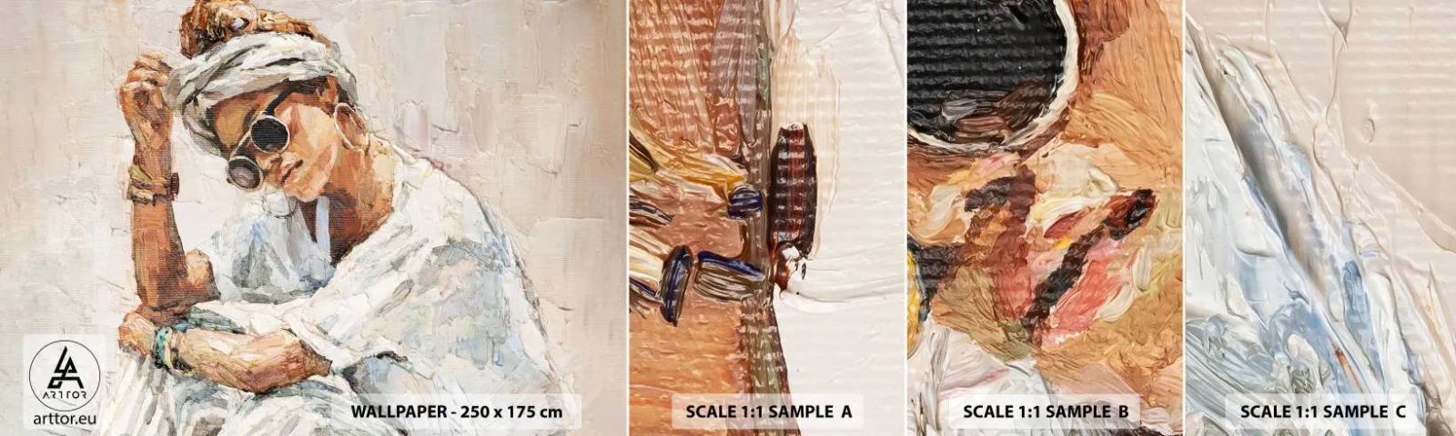 Vzorka samolepiacej fototapety Deluxe Sticker - Portrét v plnom slnku - Portrét, Boho, Olej - 100x30 cm