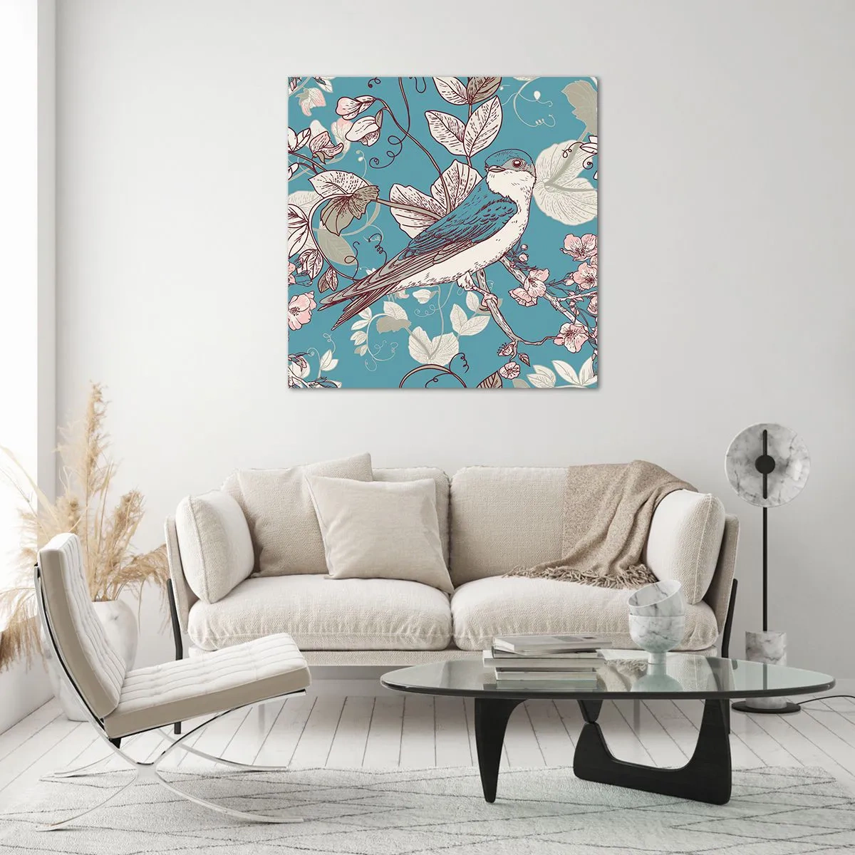 Obraz na skle - Na bielom strome vtáky a strieborné lístie - 30x30 cm