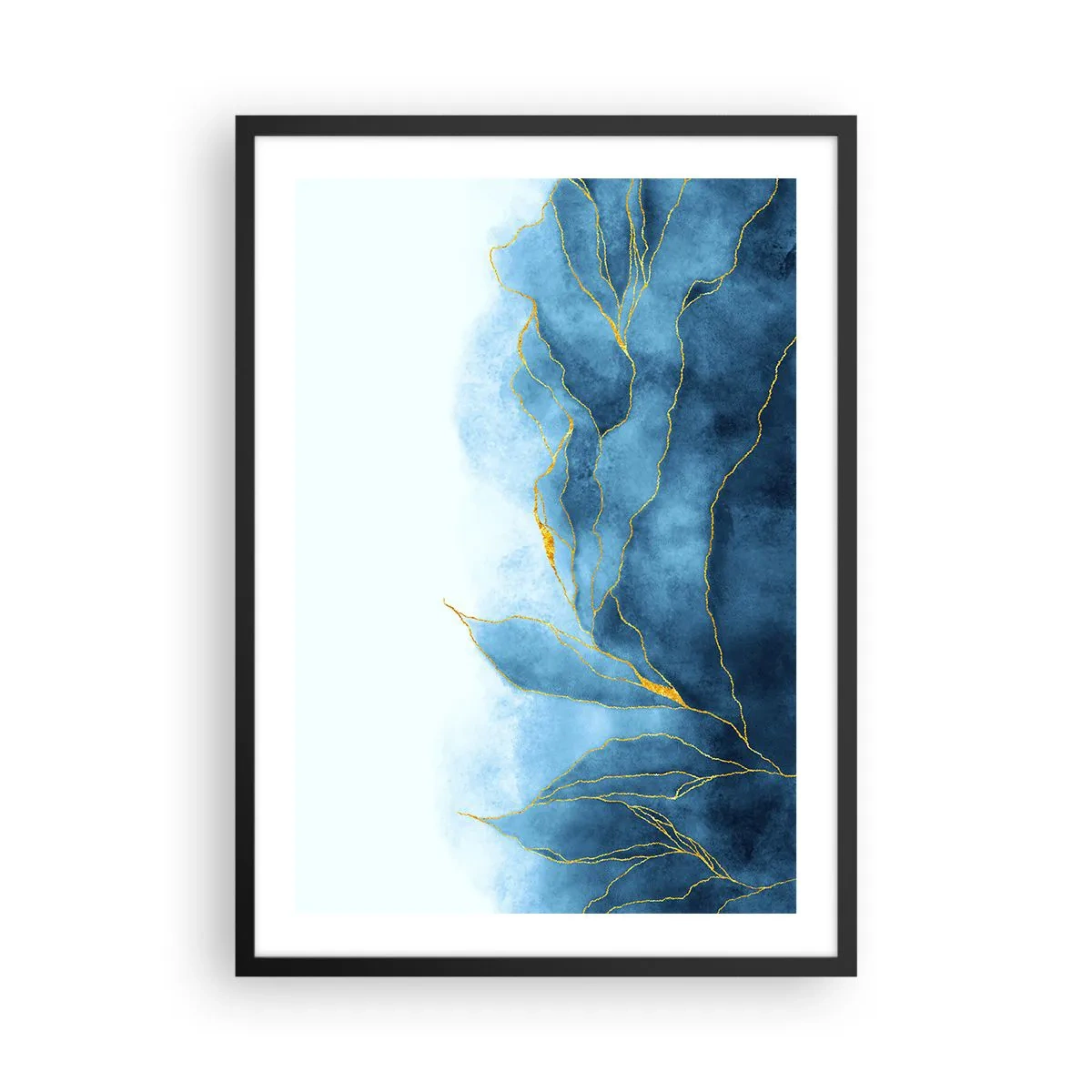 Plagát v čiernom ráme - Abstraktná kompozícia v odtieňoch modrej so zlatými líniami. - 50x70cm - Blankyt v zlate - Moderná nástenná dekorácia do obývacej izby a spálne ARTTOR