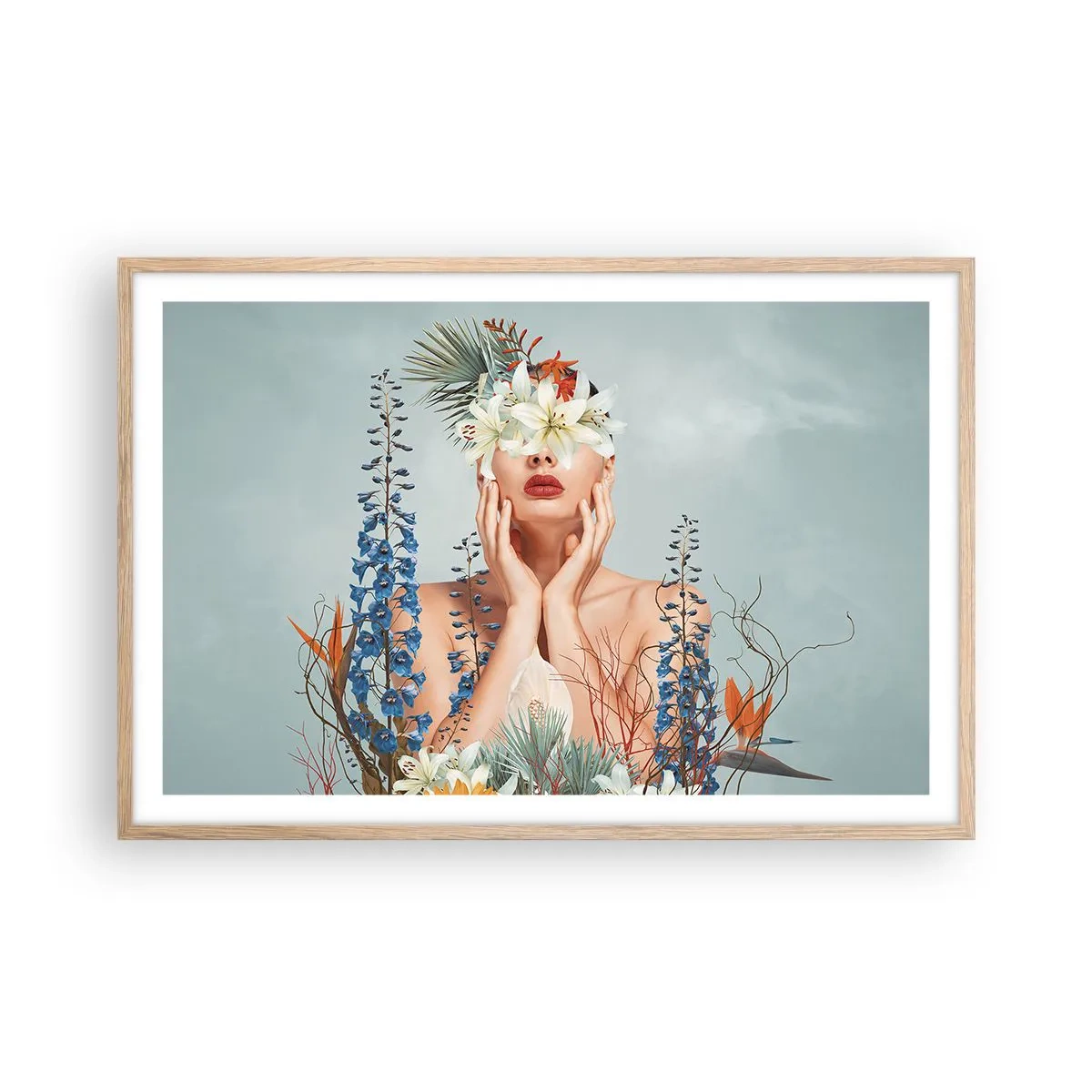 Plagát v ráme zo svetlého duba - Žena – kvetina - 91x61 cm