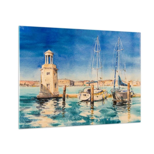 Obraz na skle - Akvarelová prístavná štvrť s majákom a zakotvenými jachtami - 70x50cm - Slnečná lagúna - Moderná nástenná dekorácia do obývacej izby a spálne ARTTOR
