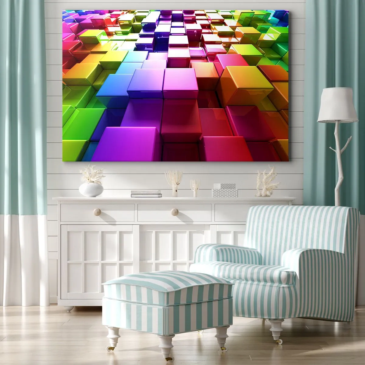 Obraz na plátne - Farebné 3D geometrické kocky - 70x50cm - Op-artové spoločne v tíme - Moderná nástenná dekorácia do obývacej izby a spálne ARTTOR